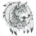 Create a half sleeve featuring a collage of native American style, with a wolf, and warrior with small dream catcher tattoo design idea