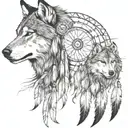 Create a half sleeve featuring a collage of native American style, with a wolf, and warrior with small dream catcher tattoo design idea