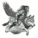 A Native American warrior with a wolf and eagle spirit guides, set against a backdrop of flowing rivers tattoo design idea