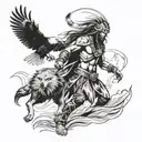 A Native American warrior with a wolf and eagle spirit guides, set against a backdrop of flowing rivers tattoo design idea