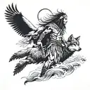 A Native American warrior with a wolf and eagle spirit guides, set against a backdrop of flowing rivers tattoo design idea