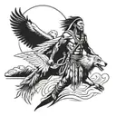 A Native American warrior with a wolf and eagle spirit guides, set against a backdrop of flowing rivers tattoo design idea