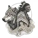 A Native American warrior with a wolf and eagle spirit guides, set against a backdrop of flowing rivers tattoo design idea