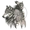 A Native American warrior with a wolf and eagle spirit guides, set against a backdrop of flowing rivers tattoo design idea