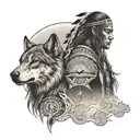 A Native American warrior with a wolf and eagle spirit guides, set against a backdrop of flowing rivers tattoo design idea