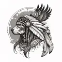A Native American warrior with a wolf and eagle spirit guides, set against a backdrop of flowing rivers tattoo design idea