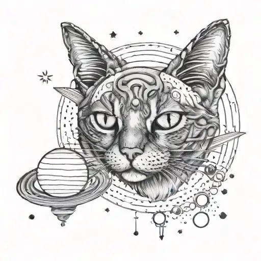 cat and saturn planet tattoo design idea