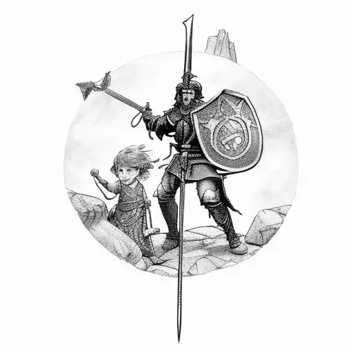 4 kids pulling a sword from the stone like King Arthur, 3 girls and one boy are trying to pull the sword out tattoo design idea