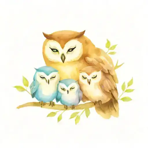 mama owl and 3 baby owls tattoo design idea