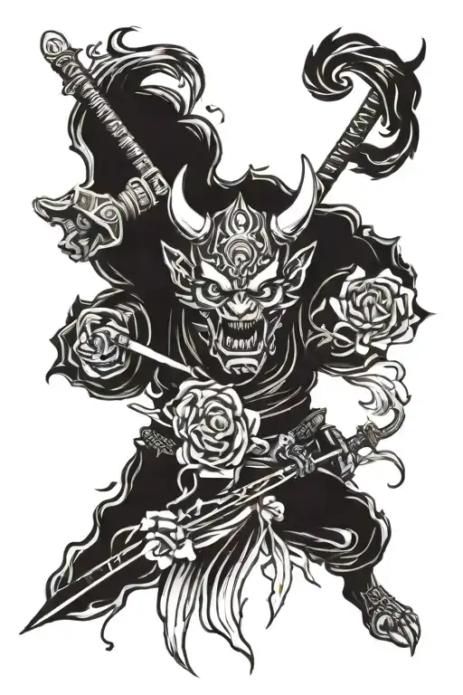 A sketch-style tattoo of a demon with a katana inspired by Japanese folklore and adorned with roses tattoo design idea