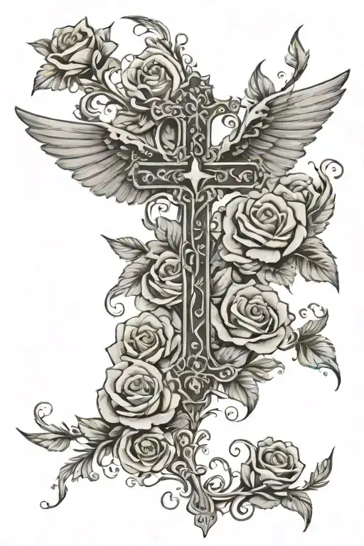 Cross surounded by roses and with wide spread wings tattoo design idea
