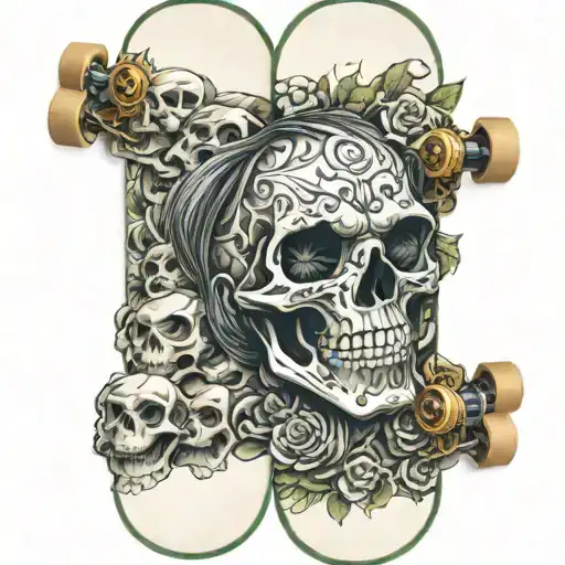 skateboard deck made of skulls with sexy demon slayer chick  tattoo design idea