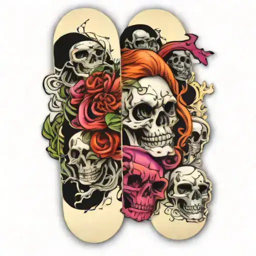 skateboard deck made of skulls with sexy demon slayer chick  tattoo design idea
