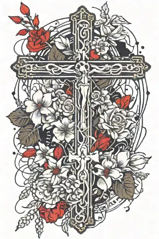 cross flower praying hands rosary tattoo design idea