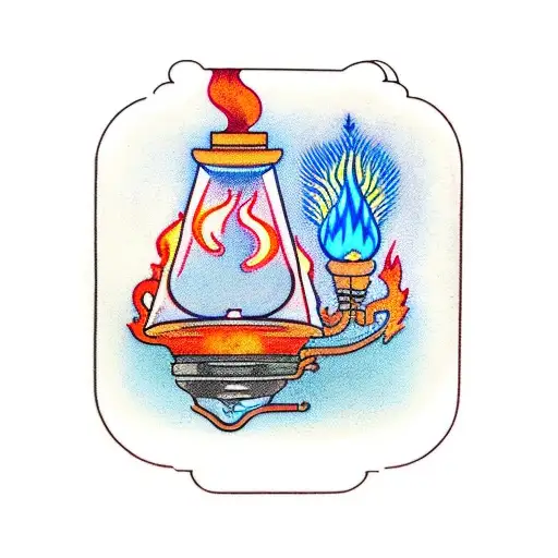 a gasoline lamp made out of copper and glass with a small red flame inside the lamp and a blue cone shaped glow  tattoo design idea