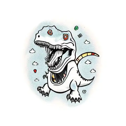 happy dinosaur holding an ice cream in his t-rex hands and drooling tattoo design idea