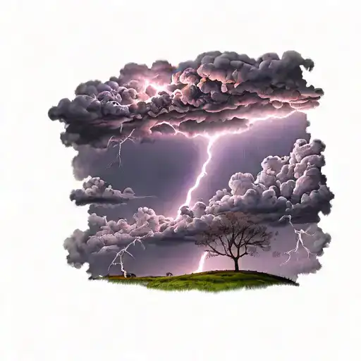 A beautiful and breathtaking tornado with a purple-pink stary sky trough the dark raining clouds.  tattoo design idea