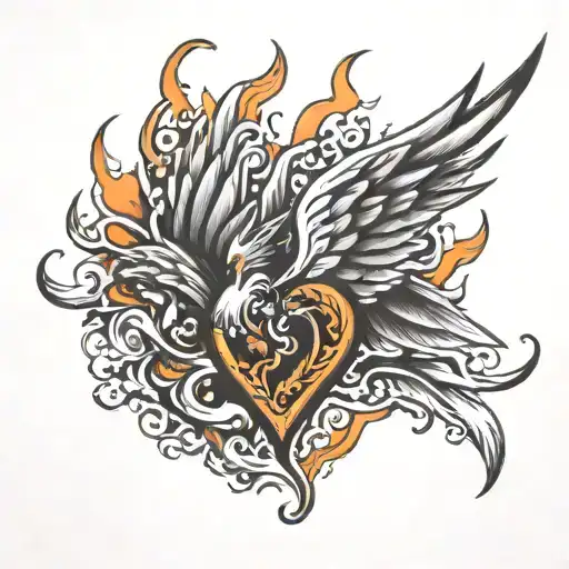 phoenix wings body in heart in flame tattoo design idea
