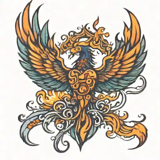phoenix wings body in flaming heart tattoo design idea