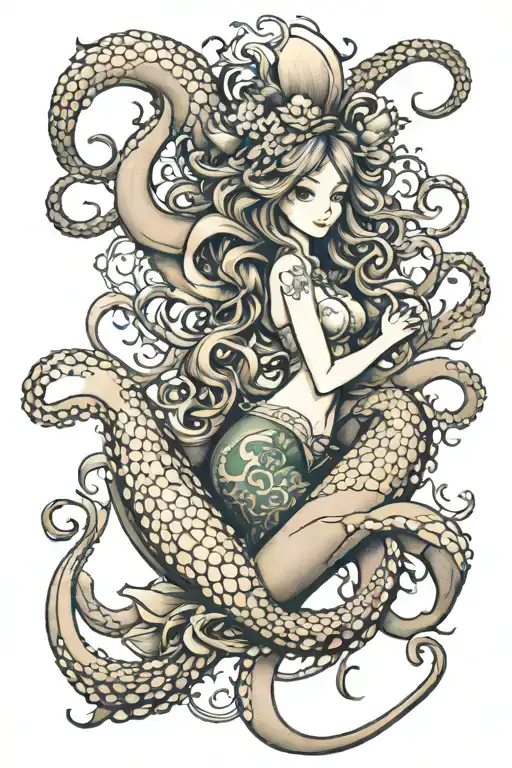 octopus and mermaid and boat   tattoo design idea
