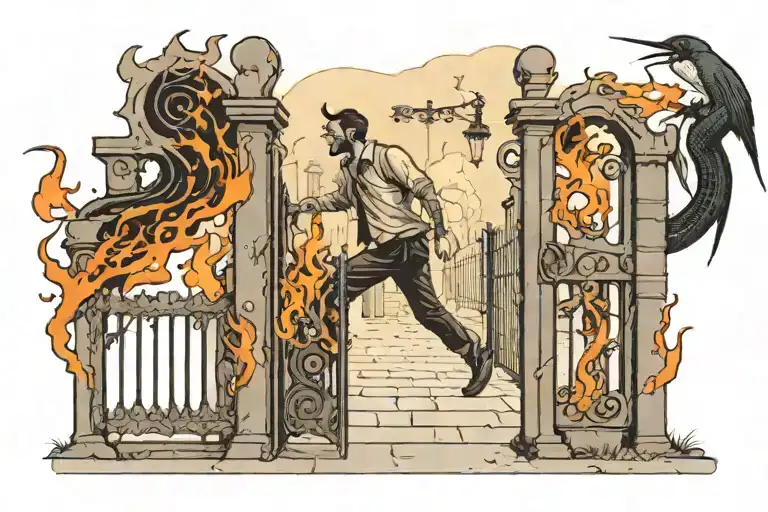 A tattoo of a man walking towards a gate to hell, with a swallow watching over him. The man has a snake around his leg.  tattoo design idea