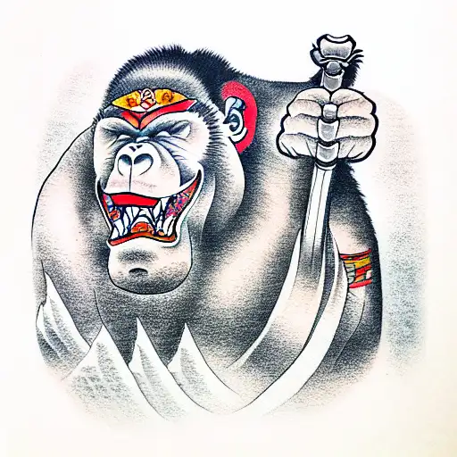 gorilla with sword in hand tattoo design idea