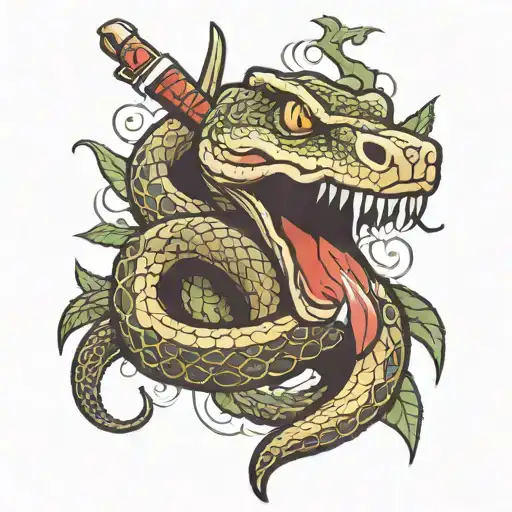snake wrapped around a dagger smoking a cigarette  tattoo design idea