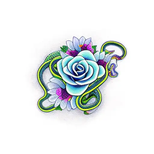 a snake around flowers tattoo design idea