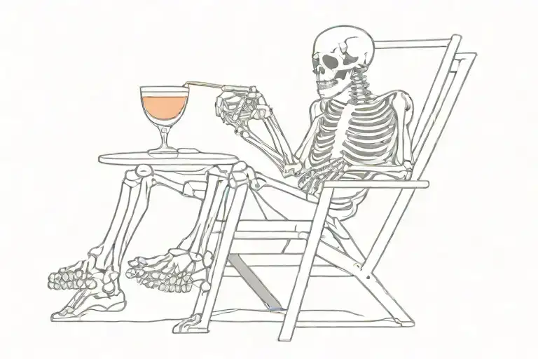 Skeleton sitting on a beach chair, drinking a martini, while facing the sun (sun is setting).  tattoo design idea