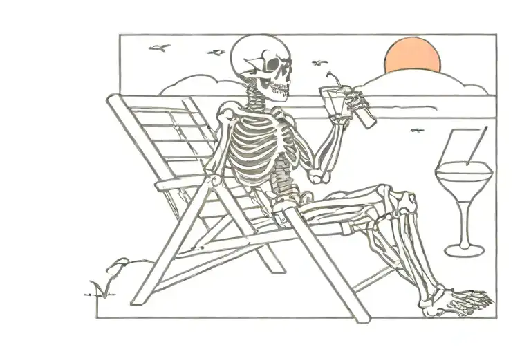 skeleton sitting on a beach chair(with a glass drink in his hand), at the beach, with the sunsetting in front of him.  tattoo design idea