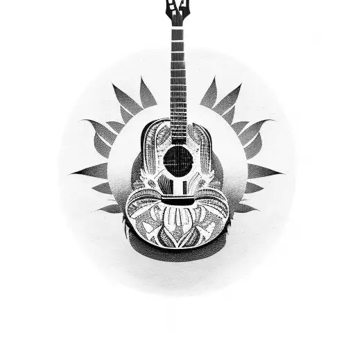 A blackwork tattoo of a country music guitar surrounded by native american symbols tattoo design idea