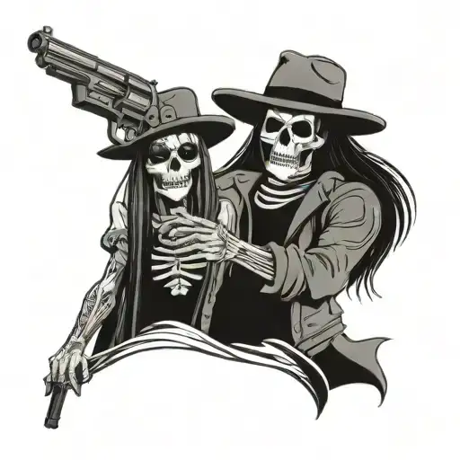 skeleton man holding a pistol wearing a flat bill hat with clothes holding a skeleton girl with long hair and clothes tattoo design idea