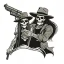 skeleton man holding a pistol wearing a flat bill hat with clothes holding a skeleton girl with long hair and clothes tattoo design idea