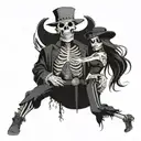 skeleton man holding a pistol wearing a flat bill hat with clothes holding a skeleton girl with long hair and clothes tattoo design idea