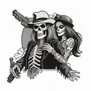 skeleton man holding a pistol wearing a flat bill hat with clothes holding a skeleton girl with long hair and clothes tattoo design idea