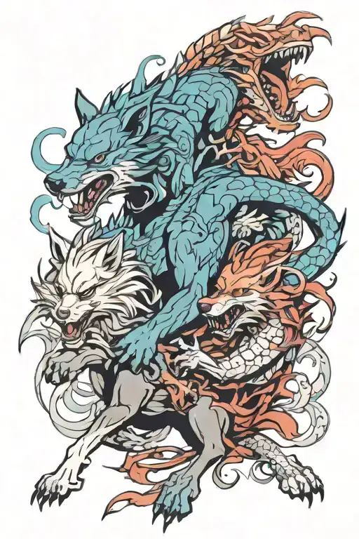 wolves and dragons fighting tattoo design idea