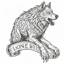 Create a tattoo featuring a lone wolf with a minimiste typography:"lone wolf"  tattoo design idea
