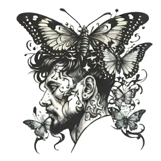 butterflies exploding his own head tattoo design idea