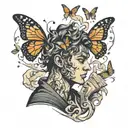 butterflies exploding his own head profile holding a book tattoo design idea