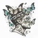 butterflies exploding his own head profile holding a book tattoo design idea