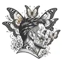 butterflies exploding his own head profile holding a book tattoo design idea
