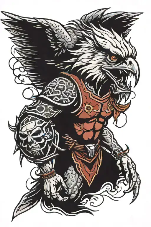 hawk carrying oni mask split tattoo design idea