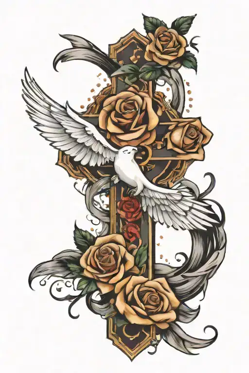 Cross with roses inside surrounded by doves flying and lights tattoo design idea