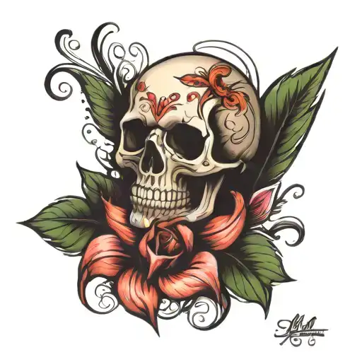 skull, rose, lilly thigh wrapped round tattoo design idea