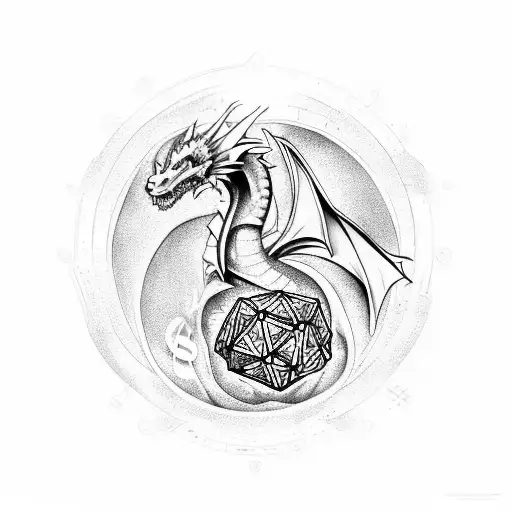 A mystical dragon emerging from a portal, surrounded by floating dice and musical notes tattoo design idea