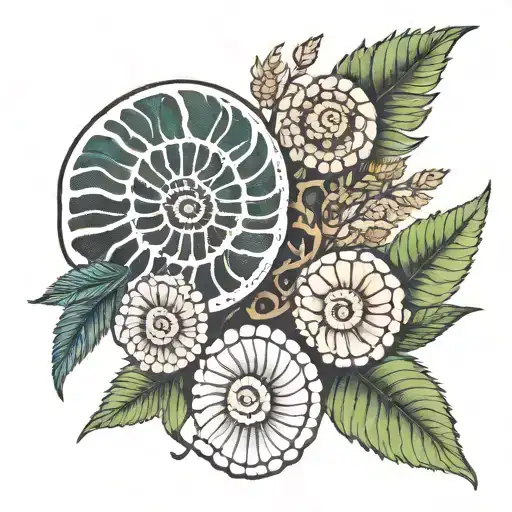 fern leaf, crinoid, and ammonite tattoo tattoo design idea