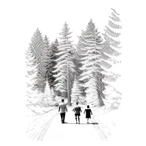 man and two children  walking on a forest path tattoo design idea