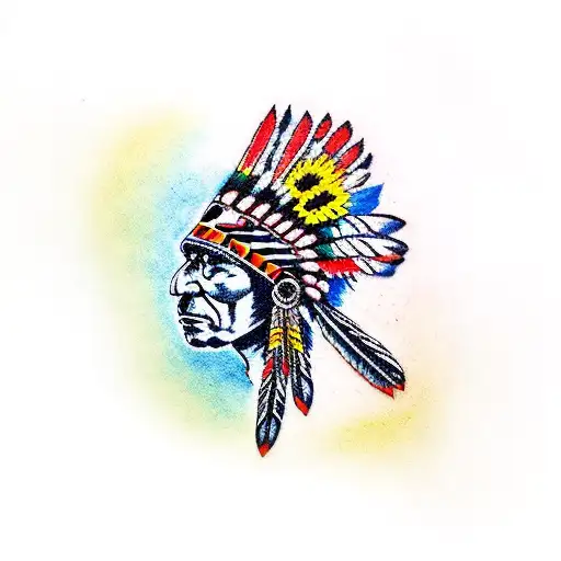 A Native American headdress made of colorful flowers, with musical notes floating around it tattoo design idea