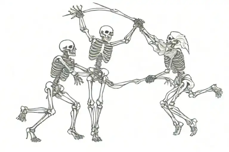 danse macabre 3 skeleton dancing with a medieval time king and a jester signifying that their time has come tattoo design idea