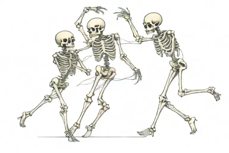 danse macabre 3 skeletons 1 king and 1 jester dancing tattoo design idea